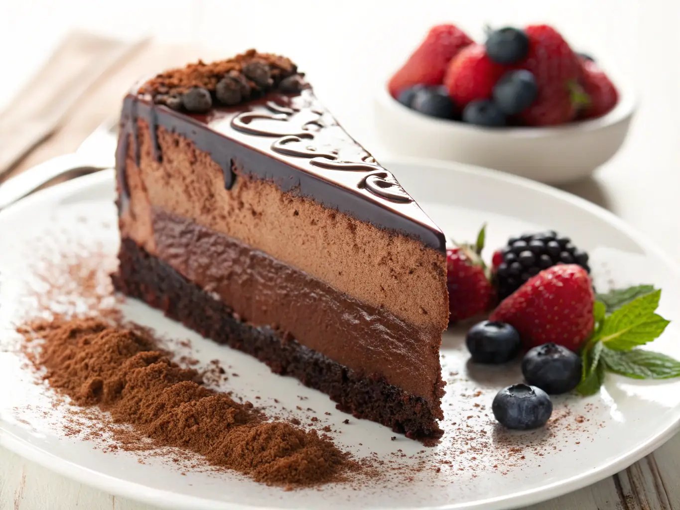 A decadent chocolate lava cake with a molten center, served with a scoop of vanilla ice cream and a dusting of cocoa powder.