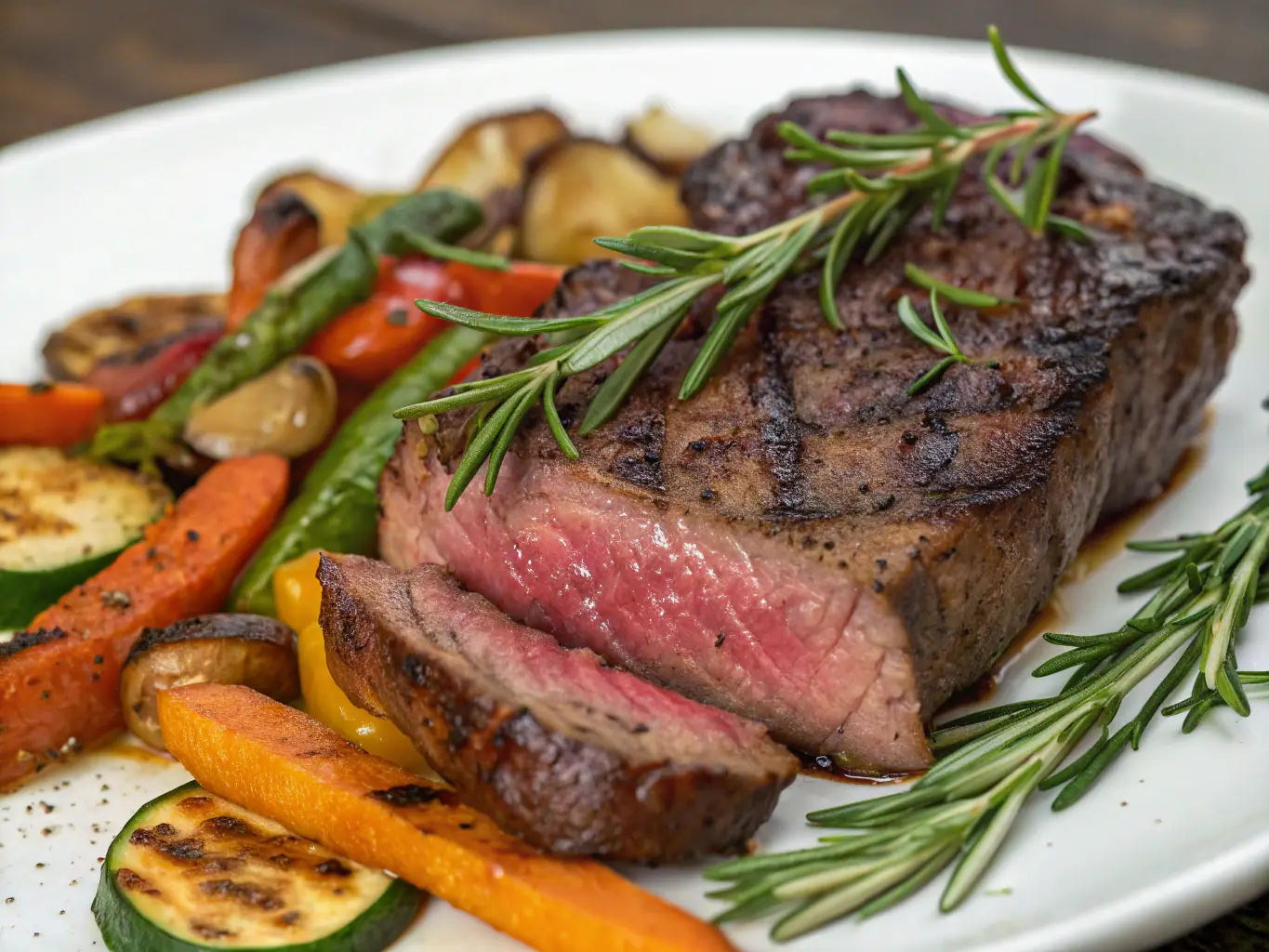 A perfectly cooked main course dish, featuring a juicy steak with roasted vegetables, presented on a rustic wooden board.