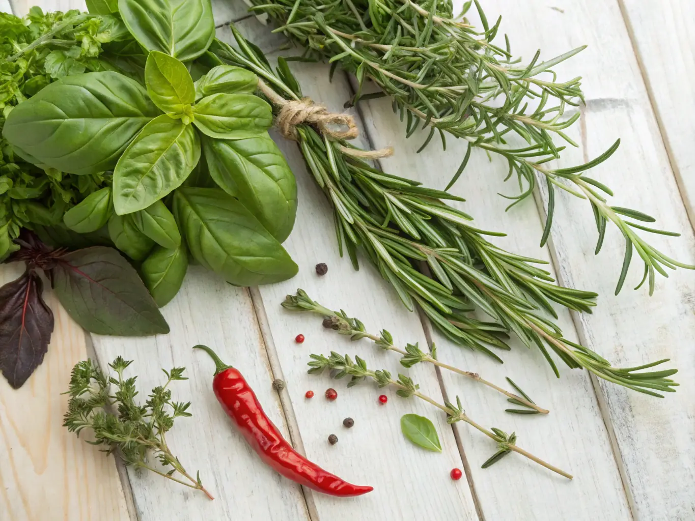 An image of various spices and herbs arranged artfully on a wooden table, highlighting their vibrant colors and textures.