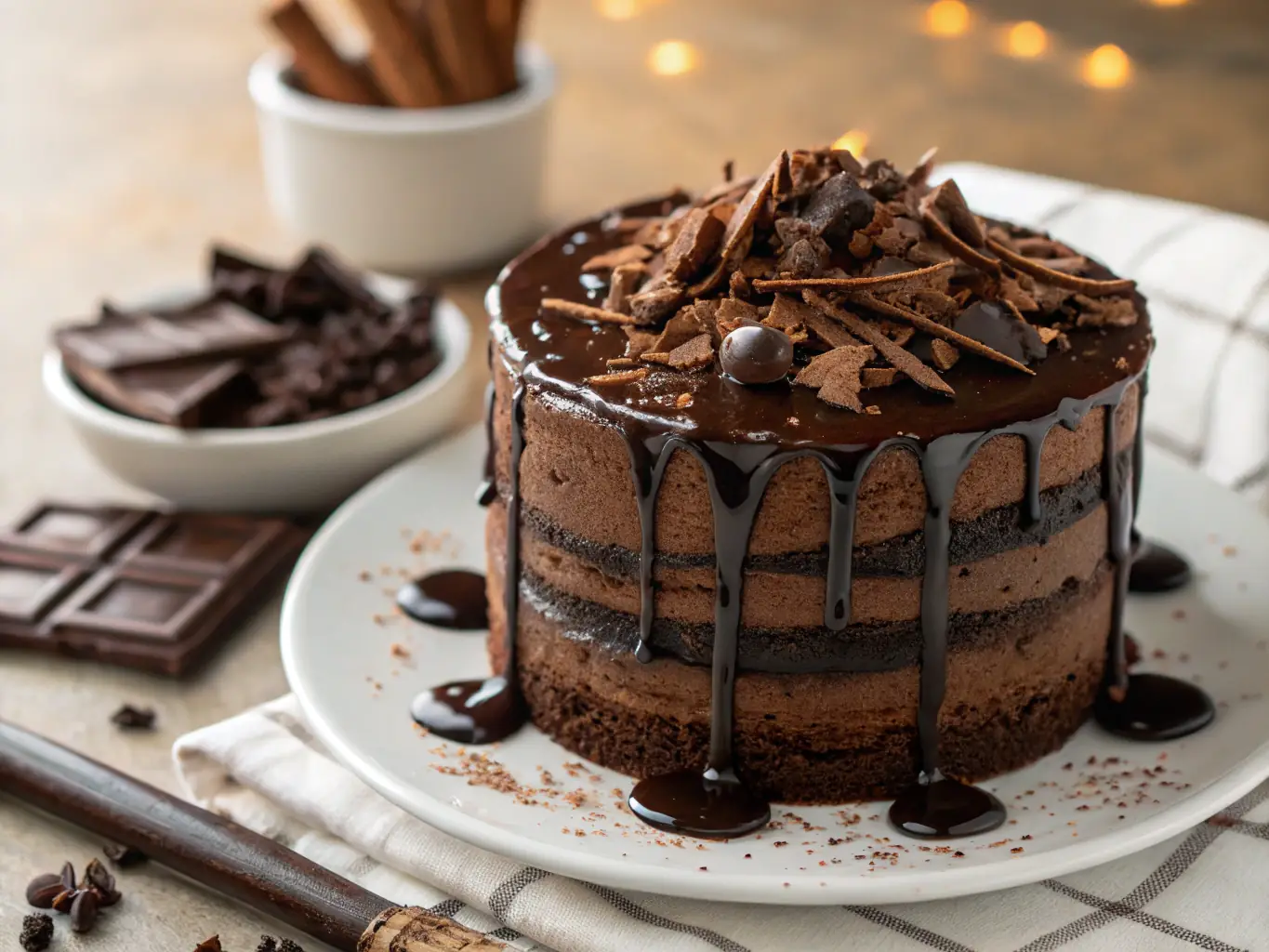 A close-up shot of a decadent chocolate cake with rich frosting, highlighting the indulgence and sweetness of the 'Desserts' category on the Culinary Crafts blog.