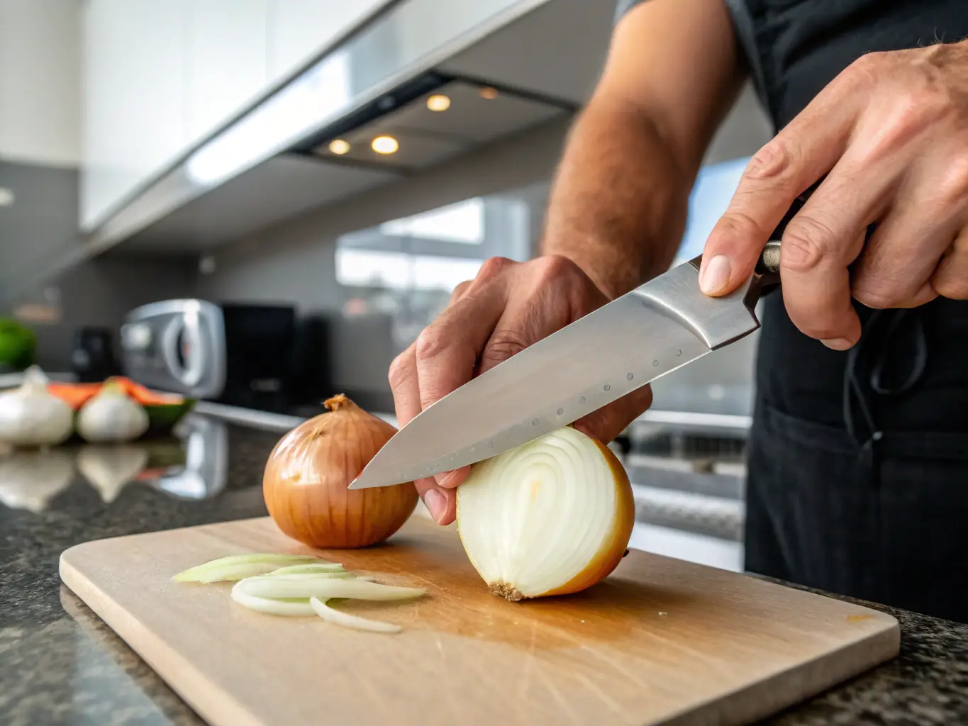 A close-up shot of a chef's hands demonstrating the proper knife technique on an onion, set in a professional kitchen environment.